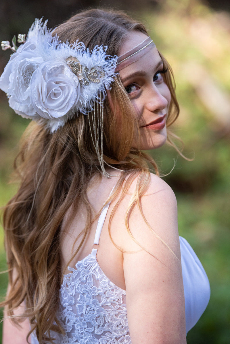 Headband, Headdress. Rose, Off-White, Vintage Florals. Vintage Silver Beaded, Adjustable Bridal Headpiece by The House of Kat Swank. Bridal Wedding Ready2Ship