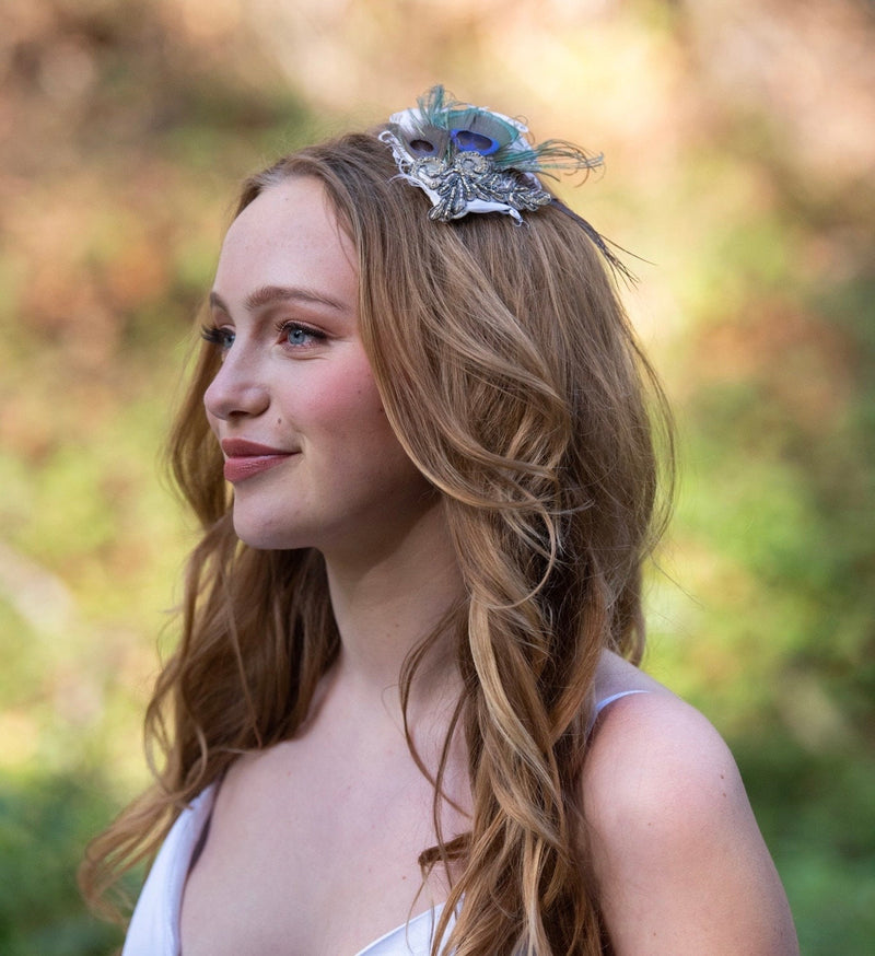 Hair Clip, Bridal Headpiece. White Gray Silver. Don’t Be Shy Little Peacock! By The House of Kat Swank. Ready to Ship. One of a Kind.