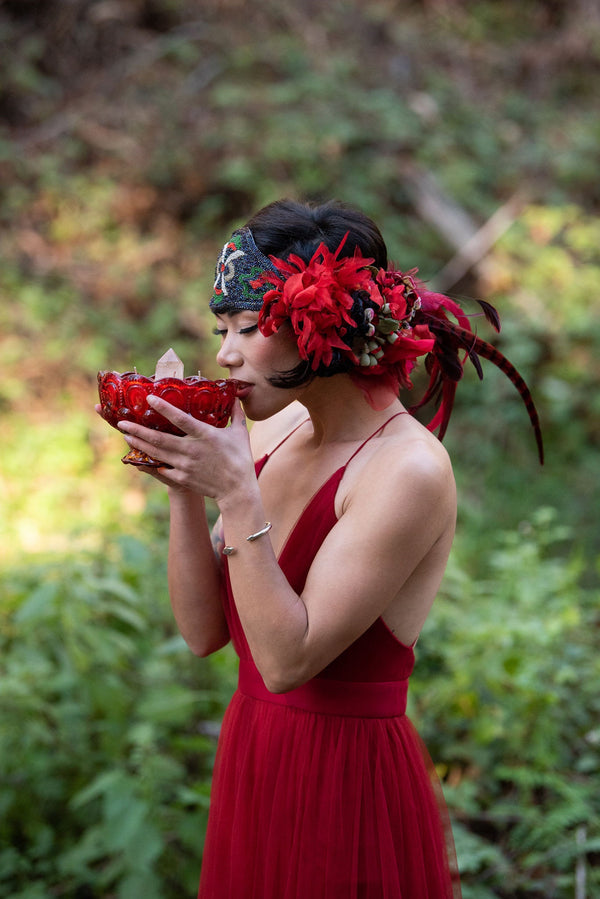 Headband, Headdress. Adjustable. Vintage Beads Circa 1920s. Vintage Florals. RED Headpiece, by The House of Kat Swank. Ready to Ship.