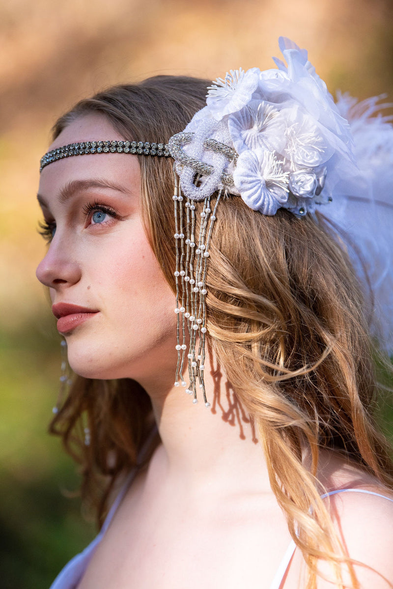 Headband, Headdress. White & Silver. Not your average bride! Adjustable Bridal Headpiece by The House of Kat Swank. One of a Kind. Ready to Ship.