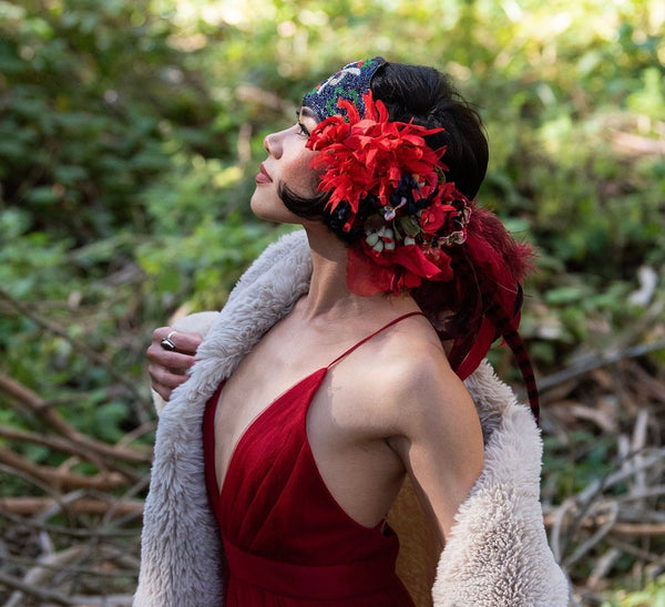 Headband, Headdress. Adjustable. Vintage Beads Circa 1920s. Vintage Florals. RED Headpiece, by The House of Kat Swank. Ready to Ship.